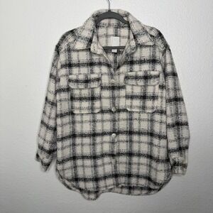 HM Womens Plaid Boucle Shacket Black White Button Up Shirt Jacket Small 0898692